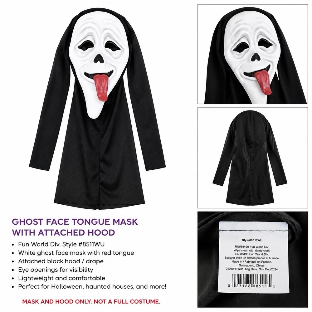 Fun World Ghost Face Tongue Mask Black Hood Halloween Costume Scary Adult